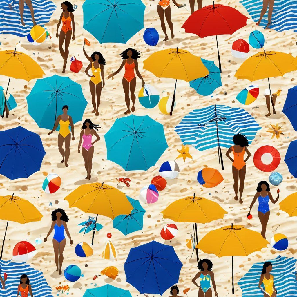 A sun-kissed beach scene featuring vibrant, stylish swimsuits on a diverse group of people enjoying the sun and waves. Include colorful beach umbrellas, soft golden sand, and a clear blue sky, conveying a sense of joy and relaxation. Add elements of playful beach activities, like frisbees and beach balls, to evoke a lively atmosphere. super-realistic. vibrant colors. cheerful summer vibe.